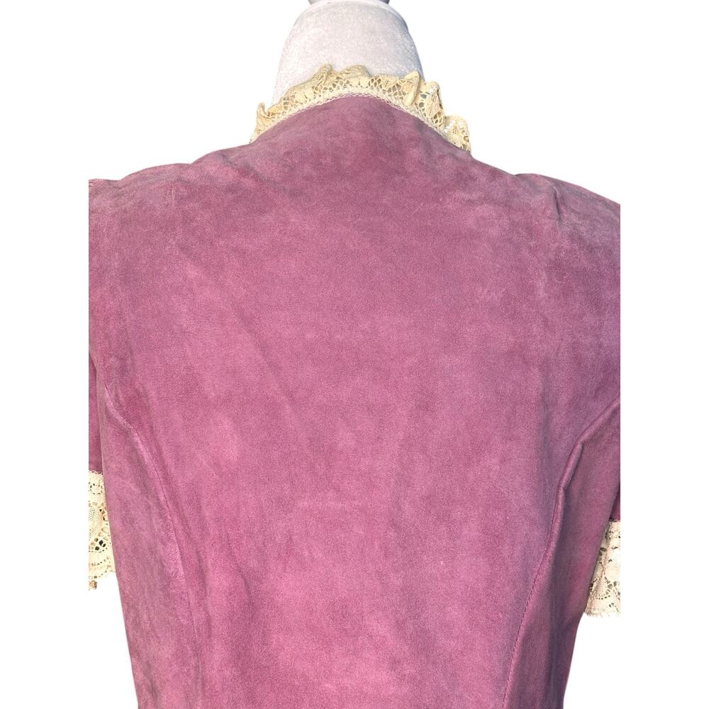Vintage Pink Suede Lace Trim Western Prairie Blouse Peplum Romantic Leather Top - Picture 7 of 10